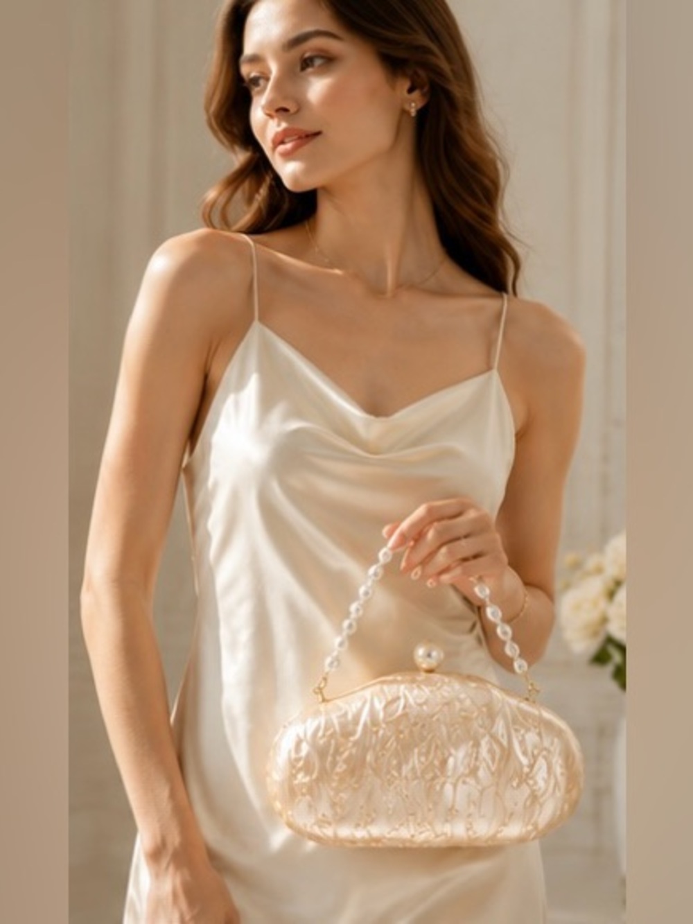 Pearl Acrylic Clutch Bag Bridal Wedding Evening Purse Gold Chain